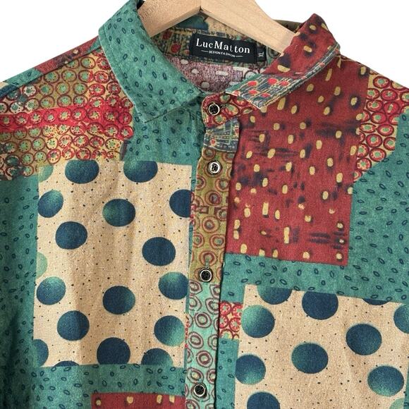 Luc Matton Mens Shirt XL Green Red Mixed Print Long Sleeve Linen Blend Designer - Picture 3 of 9